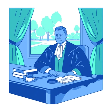 A blue judge wearing elaborate robes sits confidently at a polished wooden desk. The judge's stern expression conveys authority and wisdom. The desk is adorned with a gavel resting on a small white cushion, and a stack of law books is neatly arranged on one side. Behind the judge, there is a large window with draped teal curtains that softly frame a view of a tree-lined courtyard.