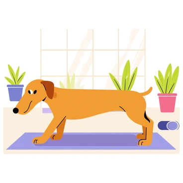 A dachshund with a smooth, shiny coat is practicing yoga on a colorful yoga mat. The dachshund is holding a perfect downward dog pose, with its front paws stretched forward and its hind legs raised high. Around the dachshund, there are various yoga props, including a purple block and a rolled-up mat. Sunlight filters through a nearby window, casting gentle shadows on the floor. In the background, there are houseplants in pots, adding a lively touch to the scene. A playful attitude emanates from the dachshund as it focuses on its pose.