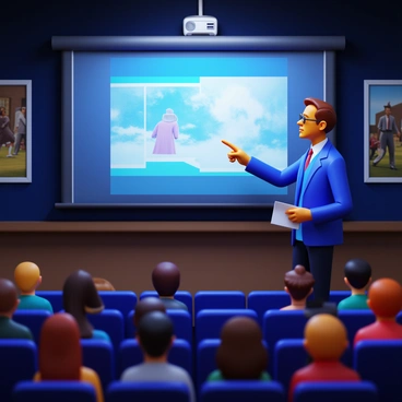 A film professor standing in front of a large screen, pointing at a scene from a classic movie. The professor is wearing glasses and has a notepad in hand. A group of diverse students seated in rows, attentively observing the screen. The room is dimly lit, with soft lighting highlighting the students' faces. Movie posters are visible on the walls, creating an academic atmosphere. A projector is casting the film scene onto the screen. The students have expressions of curiosity and engagement.