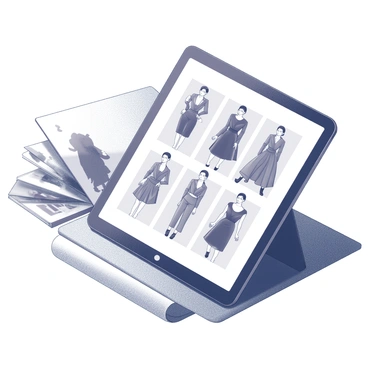 A tablet is positioned on a sleek surface, showcasing a digital lookbook. The screen displays a variety of trendy fashion illustrations. Each illustration features different outfits, including dresses, suits, and accessories, with dynamic poses from stylish models. The tablet has a modern design with a slim profile and rounded edges, reflecting light subtly. The surrounding environment includes a few fashion magazines stacked nearby and a soft texture surface beneath the tablet.