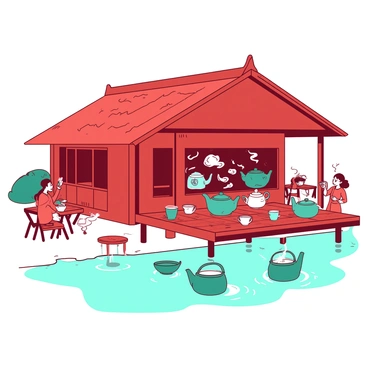 A red teahouse with a thatched roof sits at the edge of a calm body of water. The teahouse has large windows, allowing a view of the inside where several animated teal teapots are moving about energetically. Each teapot is pouring steaming tea into delicate white cups held by spirited guests who are happily chatting at wooden tables outside. The water reflects the colorful scene, creating a lively atmosphere around the quaint teahouse.