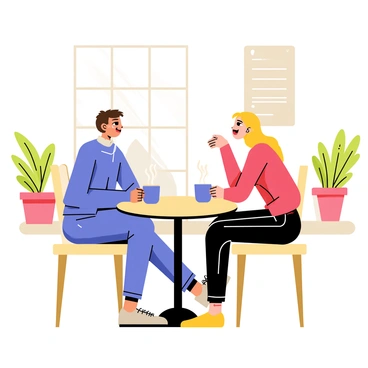 Two friends seated at a small round table in a cozy café. They are smiling and engaged in conversation, with cups of steaming coffee in front of them. One friend has short brown hair and is wearing a blue jacket, while the other has long blonde hair and is dressed in a red sweater. Behind them, there are potted plants and a chalkboard menu hanging on the wall, adding to the welcoming atmosphere of the café.