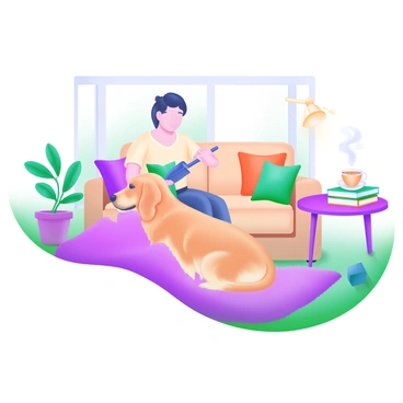 A cozy living room featuring a person sitting on a soft, plush rug while gently brushing their pet dog. The dog, a golden retriever with a shiny coat, is relaxed and enjoying the grooming session. The room is warmly lit, with a comfortable couch in the background adorned with colorful cushions. A potted plant is positioned near a window, allowing natural light to filter in, softening the atmosphere. On a nearby table, there is a steaming cup of tea and a small stack of books. The overall scene conveys a sense of comfort and companionship.