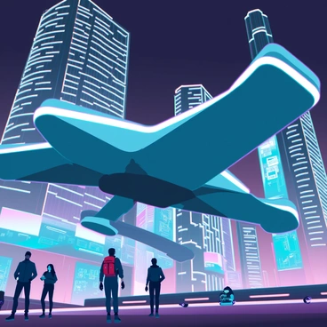 A large drone with sleek metallic features and illuminated edges is flying through a bustling futuristic cityscape. The city is filled with towering skyscrapers adorned with colorful neon lights that reflect off the drone's surface. Below, people in high-tech attire walk along the streets, while hovering vehicles zip by in the background. The sky is a deep indigo, with digital billboards casting vibrant hues across the scene. The atmosphere is lively, with a sense of advanced technology permeating the environment.