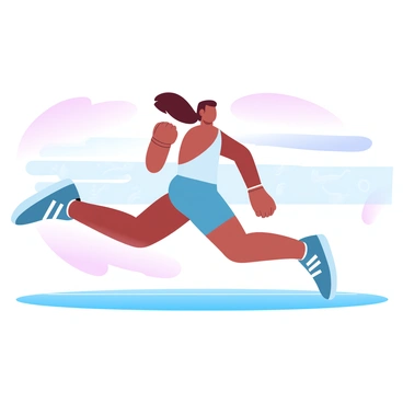 A runner in mid-stride is depicted from a side view, showcasing their athletic form. The runner is wearing a fitted athletic outfit and sneakers designed for speed. Their arms are bent and positioned in rhythm with their movement. The racing track is visible beneath them, marked with lane lines. In the background, there are blurred outlines of stadium seats, suggesting a competitive environment. A gradient of pastel colors fills the sky, transitioning from soft pink to gentle blue, creating a dynamic atmosphere.