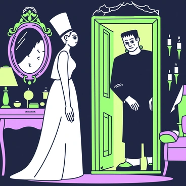 The Bride of Frankenstein stands in a candle-lit room, her stark white hair styled high with a thick, black band across her forehead. She wears a long, flowing dress that contrasts with the dark shadows of the room. Her eyes are wide with curiosity and apprehension as she gazes at Frankenstein's monster. The monster, towering and hulking, stands at the doorway, his face a mix of scars and stitches, reflecting flickering candlelight. The room is filled with old furniture, cobwebs hanging in the corners, and multiple candles casting a warm glow, creating an eerie yet intimate atmosphere. The two figures are framed by an ornate mirror on the wall that adds depth to the scene, as they share this moment of unexpected connection.