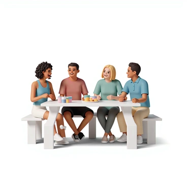 A group of four friends, two men and two women, are sitting at a picnic table, smiling and laughing together. One woman has curly black hair and is wearing a light blue tank top and white shorts. The other woman has straight blonde hair and is in a green athletic shirt and gray leggings. One man has short brown hair, wearing a red t-shirt and black shorts, while the other man has a buzz cut, dressed in a blue polo shirt and khaki pants. On the table, there are several colorful cups filled with drinks and a plate of snacks. The atmosphere is lively, reflecting the joy of their recent pickleball match.