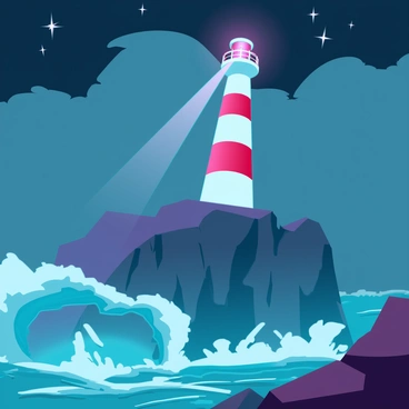 A tall lighthouse with a white tower, standing majestically atop rugged, dark gray cliffs. The structure has a red and white striped pattern, and its light is beaming brightly, slicing through the dense, swirling night fog. Below the cliffs, rough waves crash against the rocks, sending up sprays of water. The foggy atmosphere is illuminated by the lighthouse beam, creating contrasting shadows and highlights around the cliffs and water. The sky is a deep navy blue, dotted with twinkling stars peeking through the fog.
