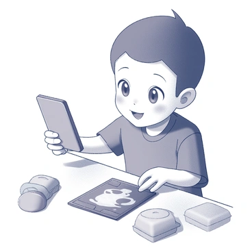 A child is holding a smartphone in one hand, aiming it at a Pokémon card that is placed flat on a table. The child has an expression of focus and curiosity, with wide eyes directed at the screen. The smartphone's display shows an animated virtual projection of the Pokémon card, highlighting its size and abilities with dynamic graphics. The background includes a few scattered Pokémon cards and some toys, creating a playful atmosphere.