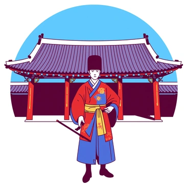 A guard in traditional attire is standing at the entrance of Gyeongbokgung Palace. The guard is wearing a vibrant red and blue hanbok, complete with intricate patterns and gold embellishments. He is holding a ceremonial weapon, which is resting at his side. Behind the guard, the grand architecture of the palace is visible, featuring ornate roofs and detailed wooden pillars painted in bright colors. The sky above is a brilliant blue, providing a contrasting backdrop to the rich colors of the guard's attire and the palace.