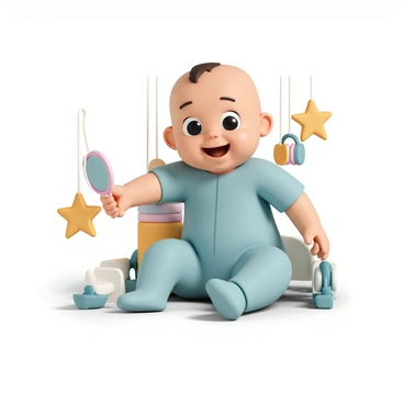 A curious baby, wearing a soft blue onesie, is sitting on a colorful baby play gym. The baby has big, bright eyes and a joyful expression as they lean forward, reaching out towards a small baby-safe mirror placed in front of them. The mirror reflects the baby's face, capturing their wide-eyed wonder. Around the gym, there are various soft toys and hanging colorful shapes, providing an engaging environment for the baby to explore.