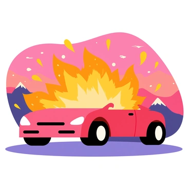A car explosion against a vivid sunset sky, adding dramatic colors to the scene