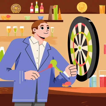 Ted Lasso, a character with a friendly face and a cheerful demeanor, stands at a dartboard in a cozy pub. He is wearing a blue jacket with a white shirt underneath and has a brown mustache. His concentration is evident as he focuses on the dart in his hand, aiming for the "bullseye." The dartboard is prominently displayed with colorful segments, and behind him, wooden shelves filled with an assortment of drinks and glassware add to the inviting atmosphere of the pub. Warm lighting illuminates the scene, highlighting the wooden bar and the rustic decor around. A few patrons can be seen in the background, enjoying their drinks and watching the game.