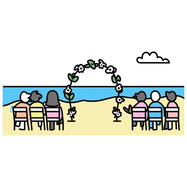 A beach setting with soft, fine sand and gentle waves lapping at the shore. A floral arch made of white flowers and greenery stands at the front, framing the couple. Guests are seated on white chairs arranged in neat rows facing the arch. Each chair has a small floral decoration attached to the side. The sky is clear with a few fluffy clouds, providing a bright backdrop for the event.