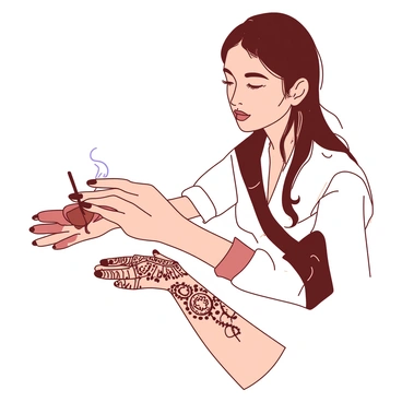 A close-up image shows a skilled artist with a focused expression, carefully applying intricate "henna designs" on a "delicate hand". The artist's fingers are steady as they hold a small cone filled with henna paste. The hand being decorated is positioned gracefully, showcasing a range of "intricate patterns" including swirls and floral motifs. The henna paste is a rich shade, contrasting beautifully against the "light skin tone" of the hand. There is a "soft light" illuminating the scene, accentuating the details of the henna designs.