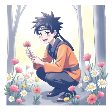 A young ninja with spiky black hair is crouched in a vibrant meadow filled with various wildflowers. He is wearing his traditional orange and black outfit. The character is smiling widely, conveying a sense of joy and contentment. Sunlight filters through the trees in the background, casting soft shadows on the ground. Numerous colorful flowers, including daisies and poppies, surround him, and he is actively picking a bouquet of these wildflowers, holding them gently in one hand.