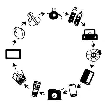 A circular layout illustrating a timeline that traces the evolution of tools from ancient civilizations to modern technology. At one end, there is a depiction of a primitive stone tool, followed by a bronze weapon and a wooden plow. Continuing around the circle, there are representations of a compass, a printing press, and an early steam engine. Further along, there are images of a typewriter, a personal computer, and finally, a modern smartphone. Each tool is labeled with its respective era, creating a continuous visual narrative of technological advancement.