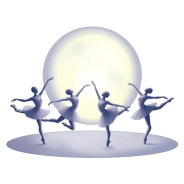 A group of ballet dancers is performing on a stage. The dancers are captured in mid-motion, showcasing various poses and graceful movements. The stage is set against a large, glowing moon that dominates the background, casting soft light over the performers. The dancers wear elegant ballet costumes, which enhance their form as they leap and spin. The scene conveys a sense of harmony and fluidity, with the moonlight highlighting the intricate details of their movements.