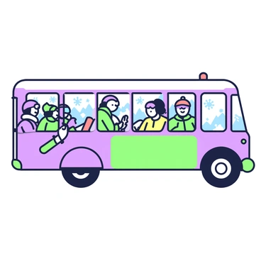 A bus is filled to capacity with skiers dressed in winter gear. The skiers are wearing colorful jackets and pants, along with hats and goggles. Some of them are holding skis, which are secured with bindings, while others carry snowboards under their arms. The bus windows display frosty patterns, and the exterior of the bus features a large "Ski Trip" sign on the side. Inside, the skiers are chatting excitedly, with a few of them peeking out the windows at the snowy landscape outside.
