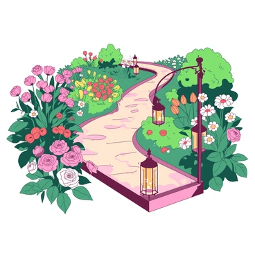A winding garden pathway is surrounded by a vibrant array of blooming flowers in various colors. The pathway is made of smooth cobblestones, leading through the garden's lush greenery. Lining the edges of the pathway are delicate lanterns, casting a soft glow as evening approaches. Flowers such as roses, daisies, and tulips are interspersed along the sides, adding splashes of color. The overall scene is inviting and picturesque, evoking a sense of warmth and tranquility.