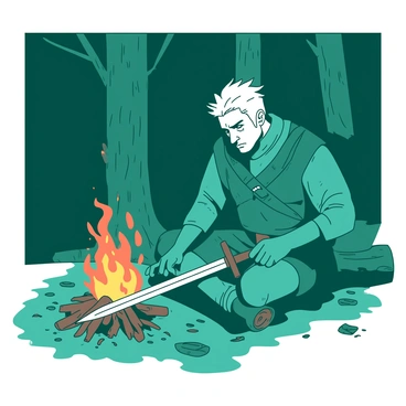 A witcher sitting by a campfire in the forest, sharpening his sword and watching the flames