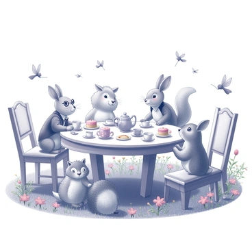 A garden setting with a large, intricately designed table set for tea. The table is adorned with an assortment of teapots, cups, and colorful cakes. Various animals are present, such as a rabbit wearing a waistcoat, a hedgehog with spectacles, and a squirrel perched on the edge of the table. Each animal appears animated, engaged in conversation or enjoying their treats. Surrounding the scene are small, delicate fairies flitting about, each with unique, detailed wings. The garden is lush with flowers and greenery, creating a vibrant backdrop for the tea party.