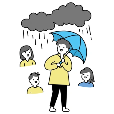 A person, wearing a bright yellow raincoat, is holding a large blue umbrella. Above them, dark storm clouds are swirling in shades of gray. Despite the ominous weather, smiling faces of diverse individuals can be seen around the person, all depicted with cheerful expressions. The scene captures a contrast between the stormy background and the positive energy of the surrounding people.