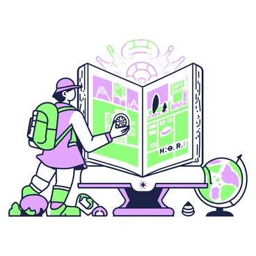 An explorer using a book portal to travel through different historical periods