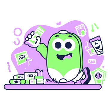 A playful brand mascot character with a friendly expression is engaging with various products in a vibrant setting. The mascot has large, expressive eyes and is wearing a colorful outfit that reflects the brand's theme. In its right hand, the mascot holds a product while pointing at another product with its left hand, showcasing its excitement. Surrounding the mascot are several products displayed neatly, such as packaged snacks, drinks, and other branded items. The background features a playful design that complements the fun atmosphere of the scene.