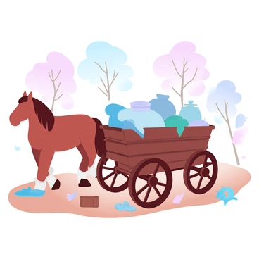 A wooden wagon filled with various belongings such as blankets, cooking pots, and clothing. The wagon is pulled by a sturdy horse, which is standing on a dirt path. Surrounding the wagon are a few scattered items, including a worn suitcase and a pair of old shoes. In the background, there are trees with autumn leaves, and the sky shows gradient pastel colors transitioning from soft pink to light blue. The overall scene conveys a sense of movement and transition, reflecting the historical context of the Indian Removal Act.