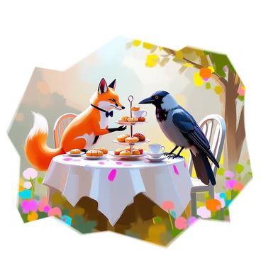 A whimsical garden party scene featuring an anthropomorphic crow and an anthropomorphic fox. The crow is perched on a decorative garden table, elegantly holding a teacup with its beak. It has glossy black feathers and wears a small bowtie. The fox is sitting on a chair beside the table, its bushy orange tail gracefully draped over the side. It has bright, curious eyes and is delicately reaching for a pastry from a tiered stand filled with assorted treats. Around them, colorful flowers bloom in the garden, and a gentle breeze rustles the leaves of nearby trees. A patterned tablecloth covers the table, enhancing the festive atmosphere of the gathering.