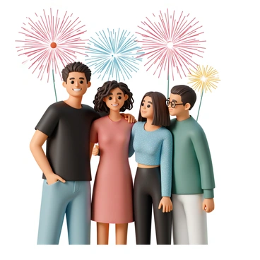 A group of four friends is standing together, embracing each other joyfully. One friend, a woman with long curly hair wearing a red dress, stands in the center, smiling brightly. To her left, a man with short dark hair is wearing a black shirt and jeans, with one arm around her shoulder. On her right, another woman with straight brown hair is dressed in a sparkly blue top and black pants, leaning into the group. Lastly, a man with glasses, wearing a green sweater, is holding the hand of the curly-haired woman, lifting it in celebration. Above them, colorful fireworks are bursting in vibrant reds, blues, and greens, illuminating the night sky and creating a festive atmosphere.