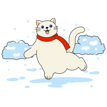 A fluffy white cat with soft fur is playing joyfully in a blanket of fresh snow. The cat has bright blue eyes and is wearing a small red scarf tied snugly around its neck. It leaps playfully, creating scattered paw prints in the snow behind it. Fluffy snowflakes are gently falling around the cat, adding to the wintry scene. The background displays a few snow-covered bushes, enhancing the sense of a winter wonderland.