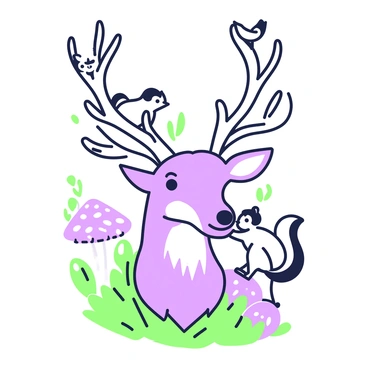 A deer's head is prominently displayed, showcasing its graceful antlers and attentive expression. Surrounding the deer are tiny woodland creatures, including small birds perched atop the antlers, their wings folded neatly. A few squirrels are gathered around the base of the deer's neck, with one cheekily climbing up toward the deer's ear. In the background, hints of foliage and mushrooms create a natural woodland setting, enhancing the sense of habitat for these animals.