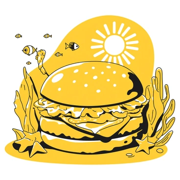 A burger resting on the ocean floor, featuring a golden bun, a thick patty, and fresh toppings like lettuce and tomatoes. The burger is surrounded by various sea creatures, including a colorful clownfish swimming nearby and a curious octopus with its tentacles gently touching the bun. A school of small fish swims around, and a starfish is placed on the sandy bottom beside the burger. Sunlight filters down from above, illuminating the scene.