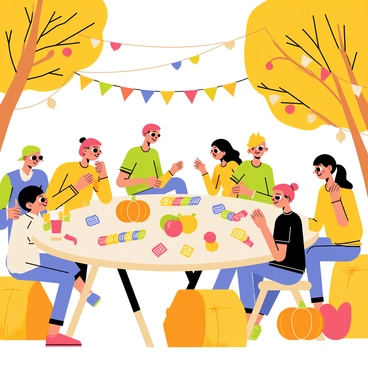 A harvest festival setting featuring families gathered around a large picnic table. The table is covered with vibrant fruits and vegetables, including pumpkins, corn, and apples. Children and adults are engaged in a game of loto, with colorful cards and tokens spread out in front of them. The background showcases a sunny day with leafy trees and hay bales placed around the area. Festive decorations, such as bunting and autumn leaves, hang from the trees, creating a lively atmosphere.