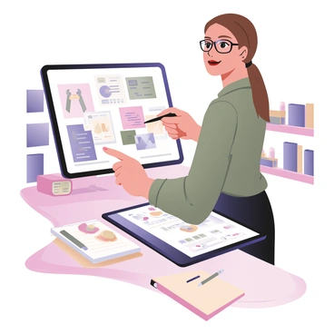 A digital flat illustration featuring a tutor standing beside a large digital tablet displaying vibrant colors and designs. The tutor is a woman with light skin, wearing glasses, and has shoulder-length brown hair tied back. She is holding a stylus in her right hand, pointing towards the tablet screen, which shows visual design techniques. On the table beside her, there are various art supplies like colored pens and sketchbooks. The background includes a bright studio environment with shelves filled with art books and tools, creating an inspiring learning atmosphere.