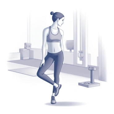 A fitness trainer is positioned in a gym setting, demonstrating an Achilles tendon stretch. The trainer is standing on one leg while the other leg is extended behind, with the heel of the back foot lifted off the ground. The trainer is leaning forward slightly, maintaining a straight back and keeping their front knee bent. The gym is equipped with various fitness equipment in the background, including weights and a yoga mat. The trainer's focused expression indicates concentration on performing the stretch correctly. The floor is visible underneath, contributing to the gym environment.