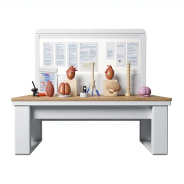A medical lab featuring a table with various 3D printed models of human organs and bones. The table is made of a sleek, glossy material, reflecting the bright overhead lights. On the table, there are detailed models such as a heart, lungs, and a brain, arranged alongside skeletal structures like a femur, skull, and vertebrae. The models are crafted from a translucent material, allowing for intricate details to be visible, showcasing textures and anatomical features. Background elements include medical charts and lab equipment, reinforcing the clinical setting of the lab.
