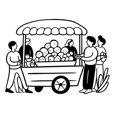 A local snack booth featuring a wooden cart with a colorful awning. The cart is filled with freshly made "bhakarwadi" arranged neatly in a large, round tray. There are small bowls of various chutneys placed beside the tray, showcasing different textures and patterns. A vendor stands next to the cart, holding a plate with a serving of "bhakarwadi." The surrounding area shows customers waiting in line, with some holding bags of snacks. The ground is bustling with activity, and a few plants are placed nearby for decoration.