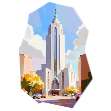 A tall art deco skyscraper rises against the sky, showcasing intricate geometric patterns along its façade. The building features a series of ornate details, including stylized motifs and embellished cornices. Large, angular windows reflect the sunlight, enhancing the architectural design. The skyscraper has a distinctive spire that reaches upwards, emphasizing its height amidst a bustling cityscape. Surrounding the building, smaller structures complement its grandeur, creating a dynamic urban environment.