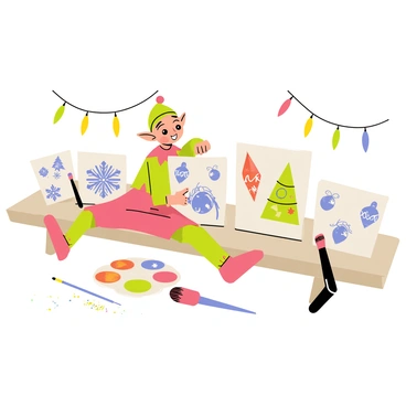 An elf on a shelf is painting festive designs on Christmas cards with bright colors. The elf has pointy ears and a cheerful expression, wearing a red and green outfit with a tiny hat. The shelf is decorated with garlands and twinkling lights. In front of the elf, there is a small table covered with various paints in vibrant colors. The Christmas cards display images of snowflakes, Christmas trees, and ornaments. A few paintbrushes are scattered around the table, and there are some colorful glitter sprinkles nearby, adding to the festive atmosphere.