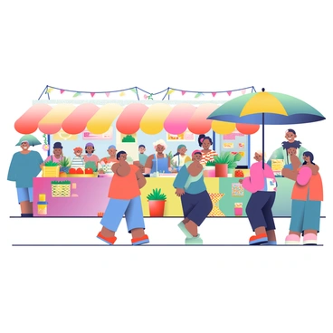 A lively open-air marketplace is filled with an array of colorful stalls and vendors. Each stall displays a variety of goods, including fresh fruits and vegetables, handmade crafts, and vibrant textiles. People of different ages and backgrounds are walking around, interacting with the vendors and examining the products. Brightly colored umbrellas provide shade to shoppers and vendors alike. There are baskets overflowing with ripe tomatoes, bunches of aromatic herbs, and jars filled with local honey. In the background, there are decorations like hanging flowers and string lights adding to the festive atmosphere. The scene is bustling with energy, and laughter and chatter fill the air.