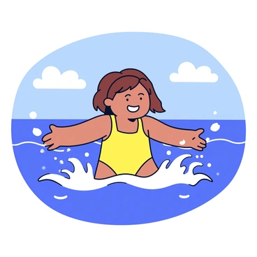 A girl with brown hair wearing a bright yellow swimsuit plays in the surf. She is splashing water as ocean waves crash around her. The sunlight reflects off the water, creating sparkles. Her expression shows pure joy as she laughs. The background features a clear blue sky with a few fluffy white clouds. Gentle waves roll in towards the shore, enhancing the lively scene.