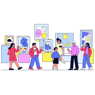 A group of visitors is walking through an outdoor art exhibition at Rockefeller Center. They are observing various contemporary artworks displayed on pedestals and walls. The visitors consist of diverse individuals, including a woman in a red dress, a man holding a camera, and a child pointing at an artwork. The artworks feature bold colors and unique shapes, creating an engaging visual environment. The atmosphere is lively, with some visitors discussing the pieces while others are taking photographs. The iconic architecture of Rockefeller Center can be seen in the background.
