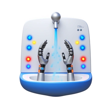 A pair of futuristic robotic hands positioned under a sleek, high-tech handwashing station. The hands are metallic with intricate joint mechanisms and illuminated accents. Water streams from a nozzle above, creating droplets that cascade over the hands. The handwashing station features a smooth, reflective surface with touch controls and digital displays. Surrounding the station are glowing lights in various colors, enhancing the advanced technology theme. The setting is clean and modern, emphasizing a blend of robotics and hygiene.