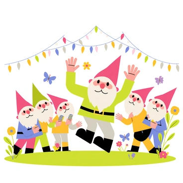 A colorful garden gnome with a red pointed hat and a cheerful expression is dancing joyfully among other gnomes at a lively garden festival. Several gnomes are wearing vibrant outfits, with some holding musical instruments like tiny tambourines and flutes, while others clap and cheer. The setting features blooming flowers in various colors surrounding them, along with strings of colorful lights hanging above, adding to the festive atmosphere. Green grass covers the ground, and a few butterflies can be seen fluttering around, complementing the cheerful scene.