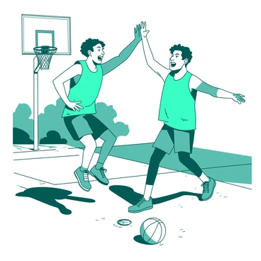 Two friends are on a basketball court, both wearing matching teal jerseys. One friend is jumping with excitement, captured mid-air, while the other is standing on the ground with a broad smile, raising a hand for a high five. The basketball hoop is visible in the background, and a few basketballs are scattered on the court. The sunlight casts shadows of the friends on the polished wooden floor. The atmosphere is vibrant, filled with energy from their joyful celebration.