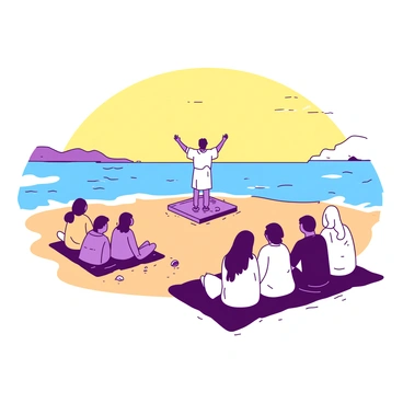 A sermon being held on a beach at dawn, with waves gently lapping at the shore