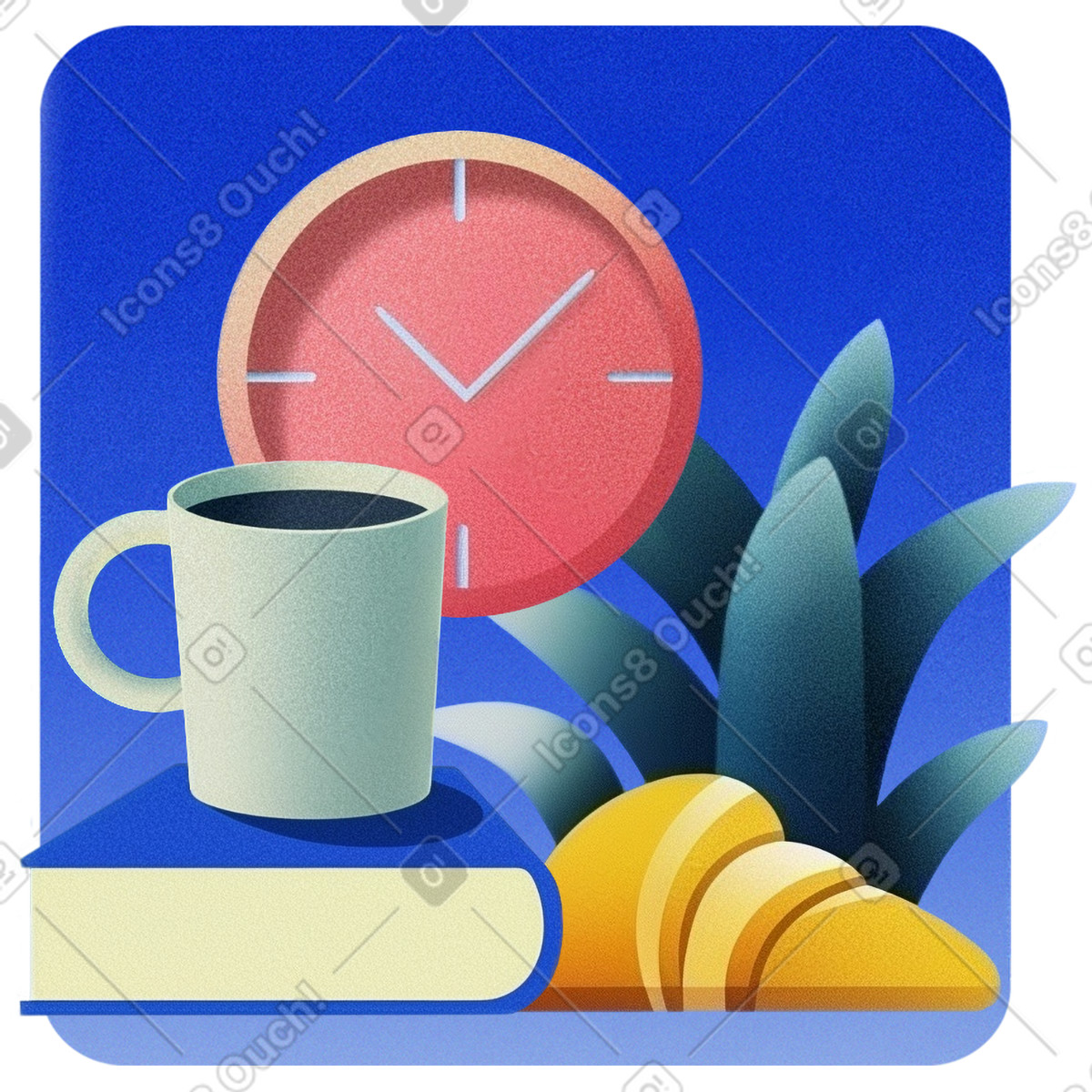 Coffee mug and croissant with clock, Morning routine relaxation, Mindful break workplace wellbeing illustration in Grainy style download in PNG, SVG